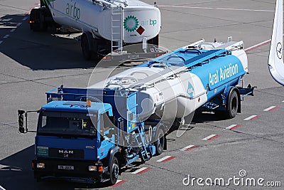 Aviation fuel truck. AIR BP and Aral tank Editorial Stock Photo