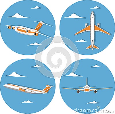 Aviation icon set with jet airplane in sky Vector Illustration