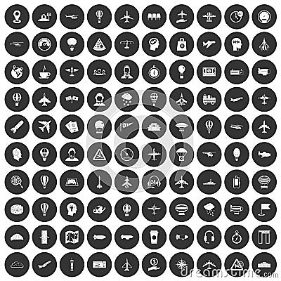 100 aviation icons set black circle Vector Illustration