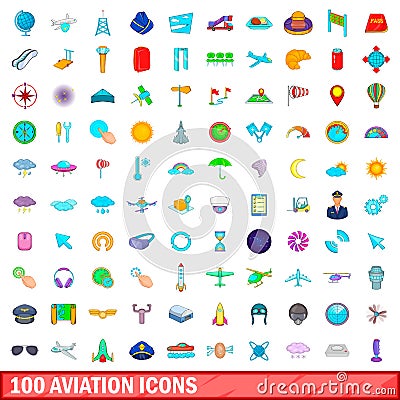 100 aviation icons set, cartoon style Vector Illustration