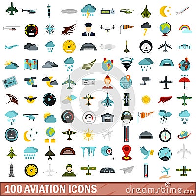 100 aviation icons set, flat style Vector Illustration