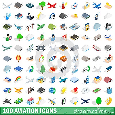 100 aviation icons set, isometric 3d style Vector Illustration