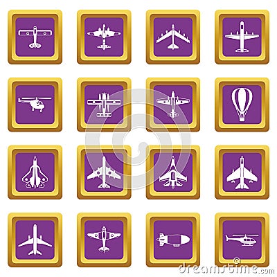 Aviation icons set purple Vector Illustration