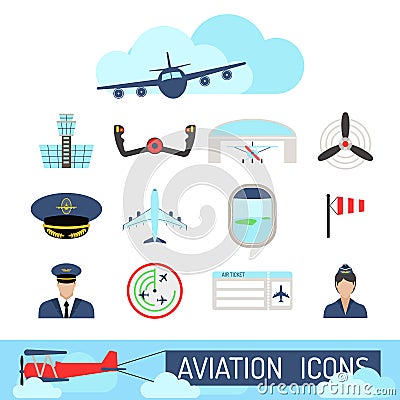 Aviation icons set airline station airport symbols departure terminal plane stewardess tourism vector illustration Vector Illustration