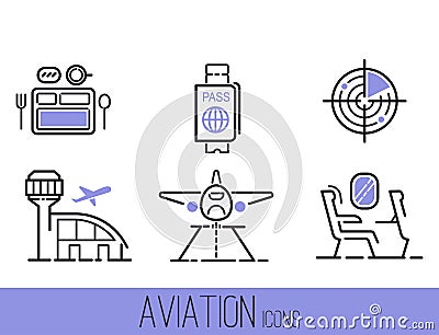 Aviation icons vector set airline outline graphic illustration flight airport transportation passenger design departure. Vector Illustration