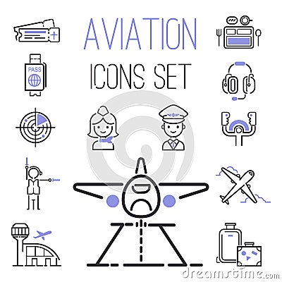 Aviation icons vector set airline outline graphic illustration flight airport transportation passenger design departure. Vector Illustration