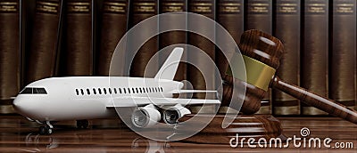 Aviation Law. Blank commercial airplane and judge gavel on legal books background. 3d illustration Cartoon Illustration