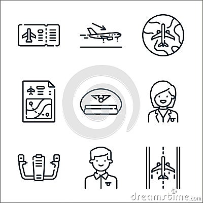aviation line icons. linear set. quality vector line set such as runway, steward, steering wheel, stewardess, pilot, flight, Vector Illustration