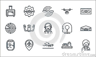 aviation line icons. linear set. quality vector line set such as stewardess, landing, airplane, baggage, pin, radar, safety, Vector Illustration