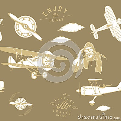 Aviation pattern brown seamless monogram retro vintage Vector Illustration