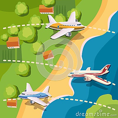 Aviation planes top view concept, cartoon style Vector Illustration