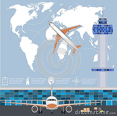 Aviation poster set with airplane in airport Cartoon Illustration