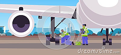 aviation supervisors mechanic and marshal in signal vests engineers checking aircraft landing gear wheel professional Cartoon Illustration