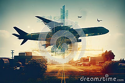 aviaton industry double exposure, with planes landing and taking off in the background Stock Photo