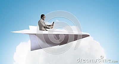 Aviator in paper plane. Mixed media . Mixed media Stock Photo