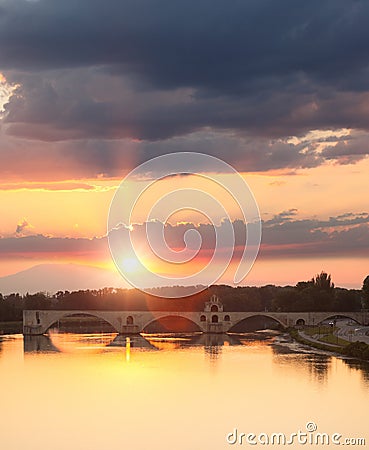 Avignon Bridge with Rhone river at sunset, Pont Saint-Benezet, Provence, France Stock Photo