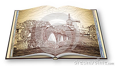 Avignon city with the ancient broken medieval bridge of Saint Benezet beyond the Rhone river Europe France Provence - 3D Editorial Stock Photo