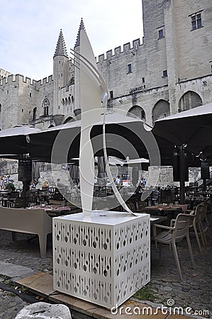 Avignon, 10th september: Restaurant logo design in Place du Palais des Papes from Avignon Popes Site in Provence France Editorial Stock Photo