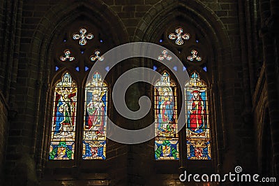 Stained glass window in the gothic Cathedral of Avila Editorial Stock Photo