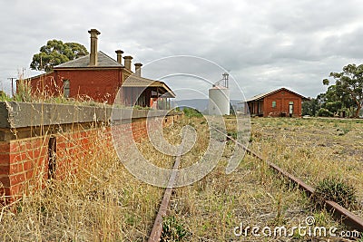 The Avoca railway station (1876) was closed in 2005 but retains a red brick station building, platform and goods shed Editorial Stock Photo