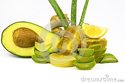 Avocado, aloe vera and lemon, honey ingredients used in alternative medicine and cosmetology Stock Photo