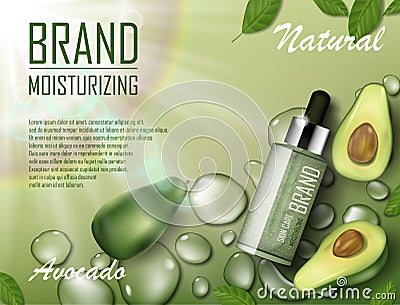 Avocado beauty cosmetics oil ad. Organic essence bottle mockup laying on watery green background. Natural avocado skin Vector Illustration