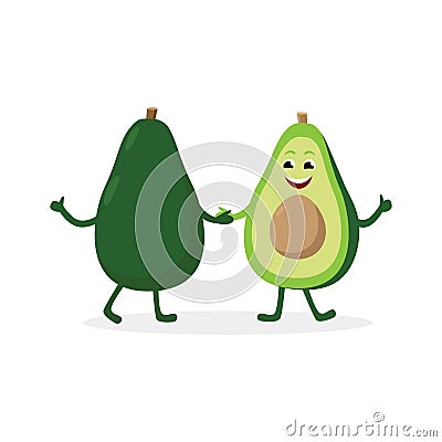 Avocado cartoon character isolated on white background. Healthy food funny mascot two parts of halved avocado, vector Vector Illustration