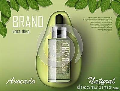 Avocado cosmetics oil template ad. Organic product bottle mockup advertising poster template. Realistic essence product Vector Illustration