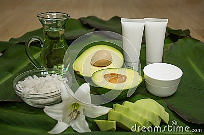 Avocado in cosmetology. Cream, oil and srab. Skin care. Stock Photo