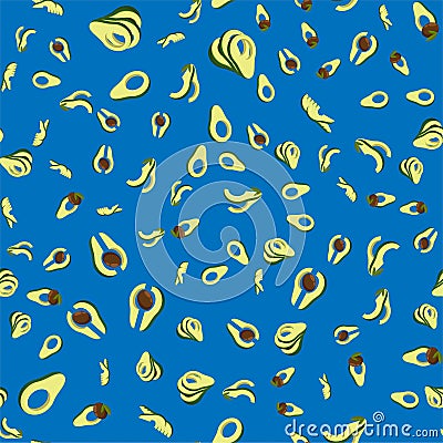 Avocado cutting fruit seamless pattern. Avocado wedges and slices, halved and thinly sliced for salads and snacks. Vector ornament Vector Illustration