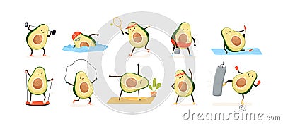 Avocado doing sport flat vector illustrations set. Exotic fruit cartoon characters training in gym. Kawaii avocado Vector Illustration