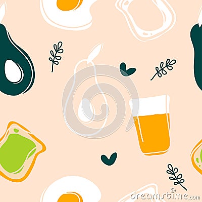Avocado,fried egg,toast and juice seamless pattern Vector Illustration