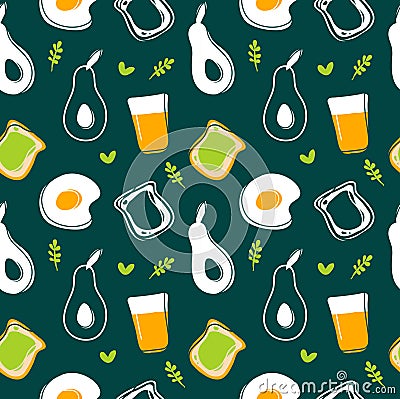 Avocado,fried egg,toast and juice seamless pattern Vector Illustration