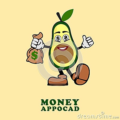 Avocado fruit character carrying cute money vector logo icon Vector Illustration