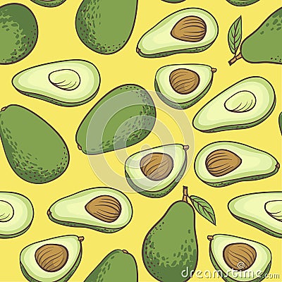 Avocado, half of avocado, avocado seed. Hand drawn painting food background. Vector Illustration