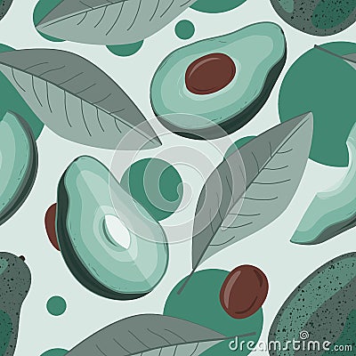 Avocado, half of avocado, and leaves background. Vector illustration of fruit avocado. seamless pattern Vector Illustration