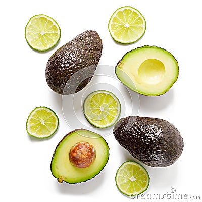 Avocado and lime isolated on white background. Top view Stock Photo