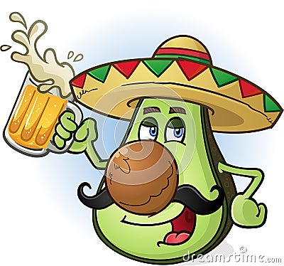 Avocado Mexican Cartoon Character Drinking Beer Vector Illustration