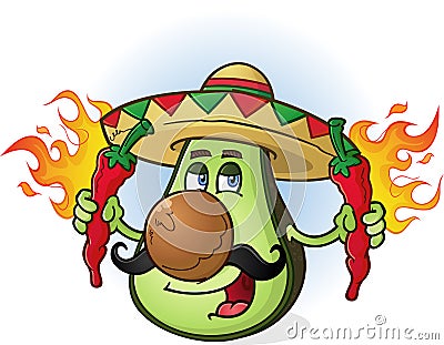 Avocado Mexican Cartoon Character Holding Hot Chili Peppers Vector Illustration