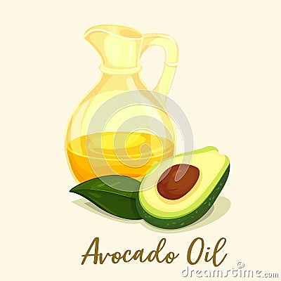 Avocado oil or fruit liquid in glassware bottle Vector Illustration