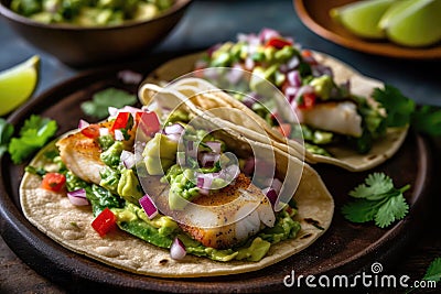 Avocado Salsa Spooned Over Grilled Fish Tacos. Generative AI Stock Photo