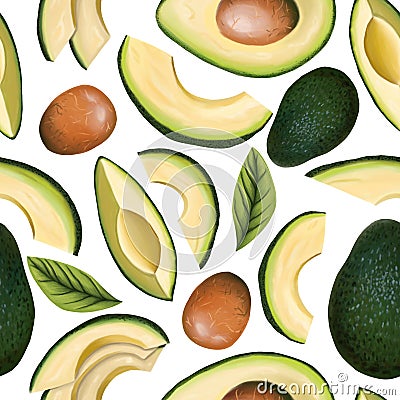 Avocado seamless pattern on an isolated white background. Fruit print made from organic avocado. Design of textiles, packaging and Vector Illustration