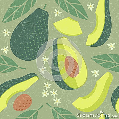 Avocado seamless pattern. Whole and sliced avocado with leaves and flowers on shabby background. Vector Illustration