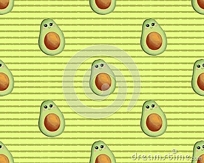 Avocado seamless pattern. Whole and sliced avocado with leaves and flowers on shabby background. Vector Illustration