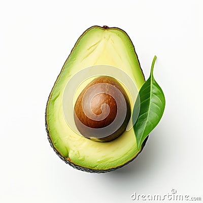 Avocado Half With Green Leaf: A Fusion Of Nature And Artistry Stock Photo