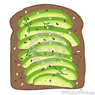 Avocado slices on dark rye toast bread. Delicious avocado sandwich. Vector illustration. Vector Illustration