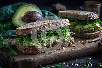 Avocado Slices Spread On Wholegrain Bread Sandwich. Generative AI Stock Photo