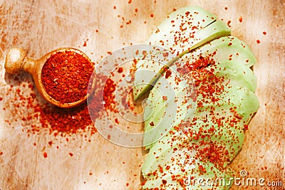 Avocado slices sprinkled with aleppo pepper Stock Photo