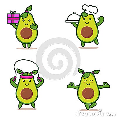 Avocado take exercise. Eating healthy and fitness. Vector Illustration