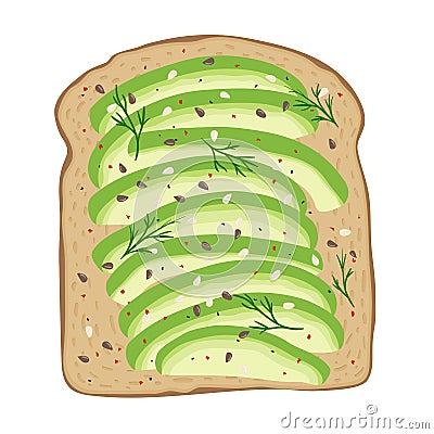 Avocado on toast bread. Delicious avocado sandwich. Vector illustration. Vector Illustration